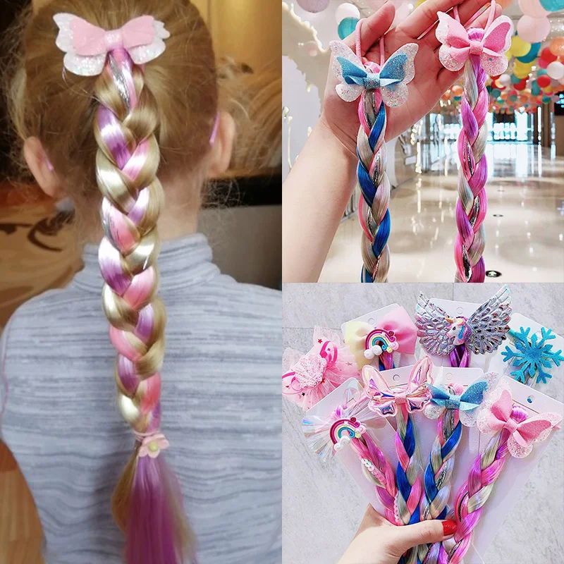 Elsa Gadget - 小さな女の子用ロングブレイドヘアローズキッズレインボーウィッグキッズヘアタイキッズマーメイドヘッドウェアプリンセスガールズエルサコスプレアクセサリー